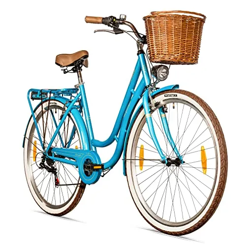 Bergsteiger Marseille Damenfahrrad 26 Zoll - Damen-Citybike im Retro-Design mit 6-Gang Shimano Tourney Schaltung, Rattan-Korb und dynamobetriebenem Licht – ideal für stilvolle Ausflüge in der Stadt.