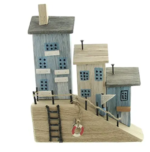 FRANK FLECHTWAREN Hafenpromenade Dekohäuschen - Kerzenständer in maritimen Farben, liebevoll bemalt aus Holz, Höhe 26 cm - ideal für eine maritime Dekoration.