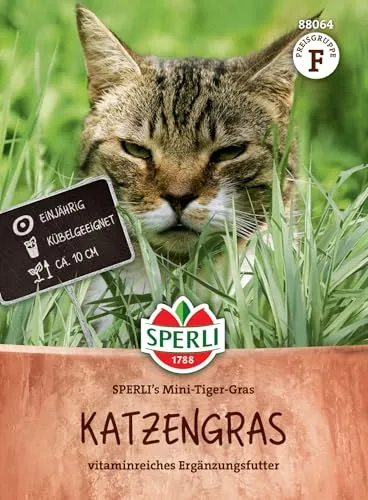 Sperli Katzengrassamen SPERLI's Mini-Tiger-Gras 88064 - vitaminreiches Ergänzungsfutter - Wuchshöhe 10 cm - für 1,5qm - Grassamen, Rasensamen, Saatgut