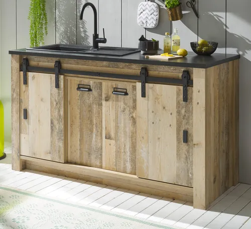 Furn.Design Spülenunterschrank Stove – Vintage Küchenschrank - Spülenschrank in Used Wood Vintage, bietet 9 Fächer und 4 Soft-Close-Türen für optimalen Stauraum. Ideal für moderne Küchen und umweltbewusste Käufer mit FSC-zertifiziertem Holz.