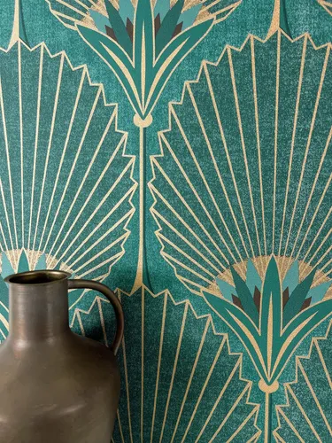 Newroom Vliestapete, Petrol Tapete Modern Ornamente - Mustertapete Vintage Gold Glamour Geometrisch Linien Leicht glänzend für Schlafzimmer Wohnzimmer Küche, Kamen Petrol