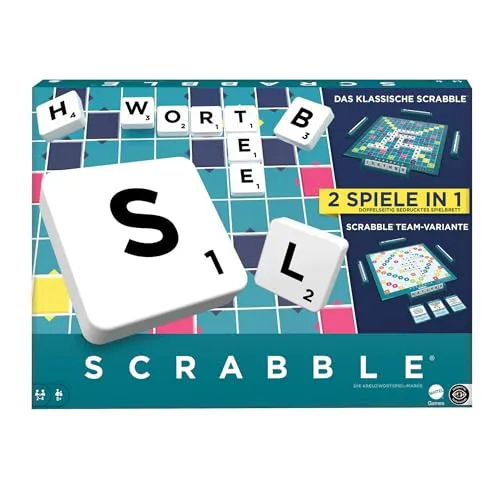 MATTEL GAMES Scrabble Zwei in Eins - Doppelseitiges Brettspiel mit 50 Zielkarten für schnelles und kooperatives Spielvergnügen