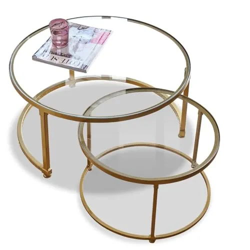 Loberon Couchtisch 2er Set Caraman - Beistelltische fürs Wohnzimmer, nostalgische Optik, ineinander schiebbar und aus langlebigem Eisen und Glas gefertigt.
