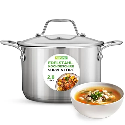 NutriChef Edelstahl Kochtopf 3L mit Glasdeckel – Induktionsgeeignet - Praktischer 3L Suppentopf aus hochwertigem 18/8 Edelstahl für alle Herdarten. Ergonomische Griffe und Glasdeckel sorgen für komfortables Kochen und optimale Sicht. Ideal für Suppen, Pasta und mehr!