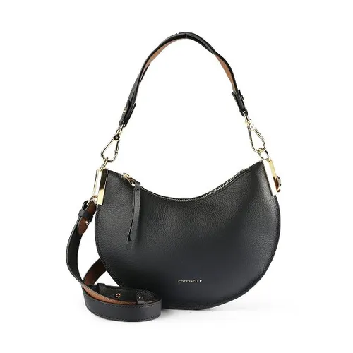 Coccinelle Sunup Schultertasche - Damen schwarz - Elegante Schultertasche aus hochwertigem genarbtem Rindsleder in noir/cognac, ideal für stilvolle Auftritte und den täglichen Gebrauch.