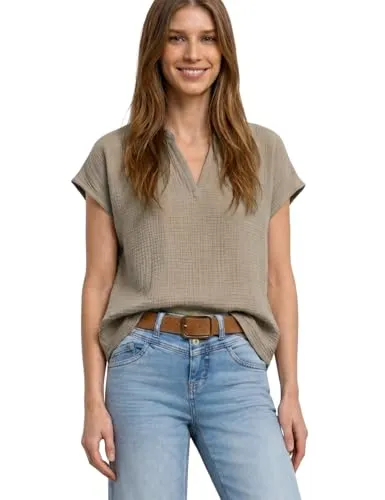 Street One Damen Blusenshirt - Musselin-Qualität für den Sommer - Leichtes Blusenshirt mit Split Neck und dropped Shoulders, ideal für warme Tage. Hergestellt aus reiner Baumwolle für angenehmen Tragekomfort.