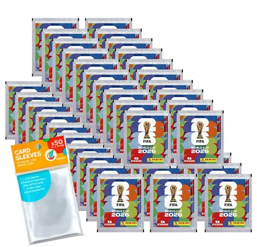 Panini Sammelkarte Bundle World Cup 2026 mit 50 Tüten & exklusiven Hüllen - Entdecken Sie die Panini FIFA World Cup 2026 Stickerkollektion mit 50 Tüten. Inklusive 40 exklusiven Sleeves für die sichere Aufbewahrung Ihrer Karten. Ein Muss für jeden Fußballfan und Sammler!