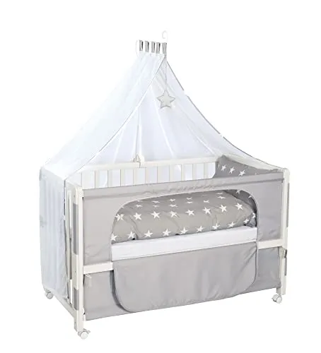 roba Beistellbett, safe asleep Room Bed, 60 x 120 cm 'Little Stars' - Matratzen – Beistellbett mit 6-facher Höhenverstellung für optimale Anpassung an das Elternbett, inklusive sicherer Stoffwand und Zubehör für den sicheren Schlaf Ihres Babys.