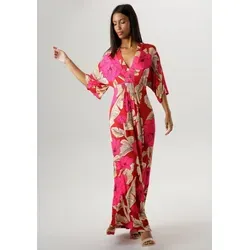 Aniston SELECTED Sommerkleid mit Blüten- und Blätterdruck - Modisches Sommerkleid in Beige-Rot mit großflächigem Blüten- und Blätterdruck, ideal für warme Tage und lässige Anlässe.