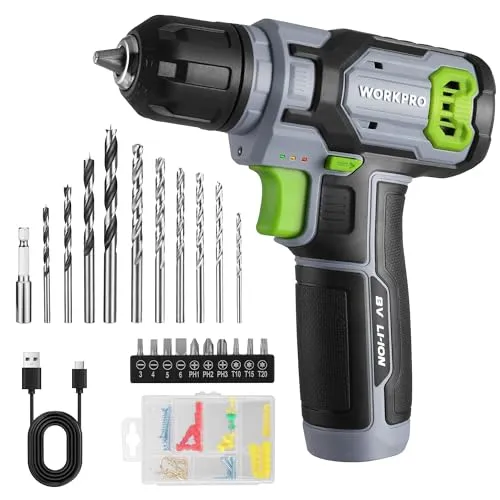 WORKPRO Akkuschrauber 8V, Akku Bohrschrauber kabelloser Schraubendreher mit 3/8"(10mm) Spannfutter, 53-teiliges Zubehörset, Einstellbare Geschwindigkeit, LED-Licht, für Heimreparaturen und DIY