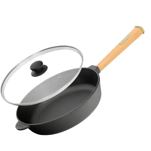 Ø28cm Gusseisenpfanne mit Glasdeckel und Holzgriff - Vielseitige Gusseisenpfanne für alle Herdarten, ideal zum Braten, Schmoren und Kochen. Die natürliche Patina sorgt für antihaftende Eigenschaften ohne chemische Beschichtung.