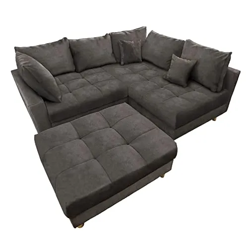 Riess-Ambiente Ecksofa KENT 220cm grau - Ecksofa für Wohnzimmer mit modernem Design, hochwertigem Samtbezug und komfortablem Federkern. Inklusive Hocker für zusätzliche Entspannung.