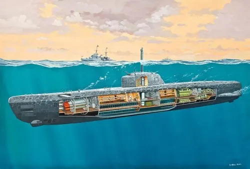 Revell 05078 Deutsches U-Boot Typ XXI mit Interieur 1:144 Bausatz - Detaillierter Bausatz eines deutschen U-Bootes im Maßstab 1:144, ideal für Modellbau-Enthusiasten und Geschichtsinteressierte.