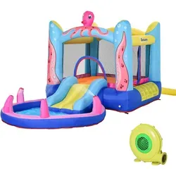 Outsunny Hüpfburg mit Gebläse und Rutsche - Hüpfburg für den Außenbereich, inklusive Gebläse und Flicken, ideal für Kinder ab 3 Jahren, maximal 90 kg belastbar und aus strapazierfähigem Oxford-Gewebe.