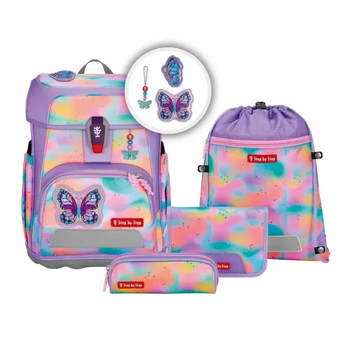 Step by Step Schulranzen-Set Cloud Flash Butterfly Luna 5-teilig - ergonomischer, leichter Tornister in rosa mit Reflektoren, höhenverstellbar für optimale Passform und individuelle Gestaltung