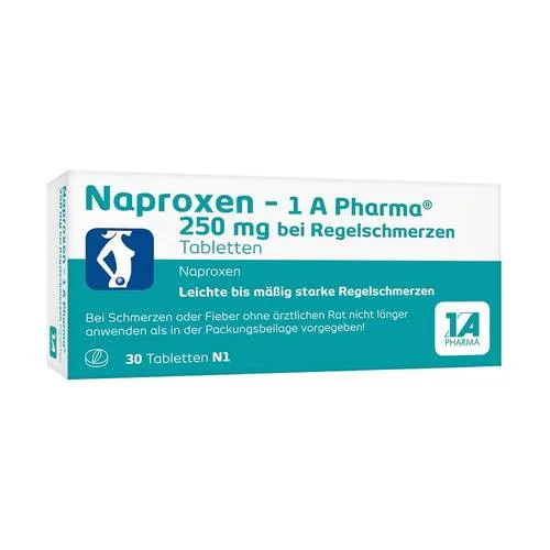 Naproxen-1A Pharma 250mg - Regelschmerzen Linderung - Arzneimittel zur effektiven Linderung von Regelschmerzen mit schmerzstillenden und entzündungshemmenden Eigenschaften, ideal für Jugendliche ab 12 Jahren und Erwachsene.