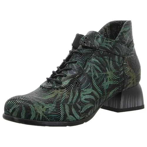 Simen Damen Schnürstiefeletten - Ankle Boots in Grün aus Rauleder - Wanderschuhe mit auffälligem Dschungelmuster, Schnürung, seitlichem Reißverschluss und Elastikeinsatz für komfortable Passform und Bewegungsfreiheit.