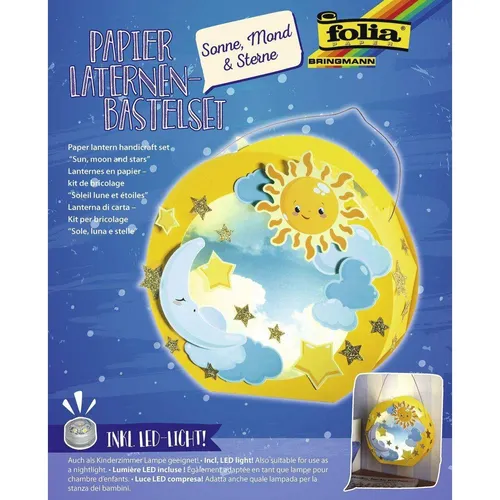 folia 68101 - Laternen-Bastelset Sonne, Mond Sterne, inklusive Laternenstab und LED-Licht für kreative Kinderfeste und Sankt Martinszüge