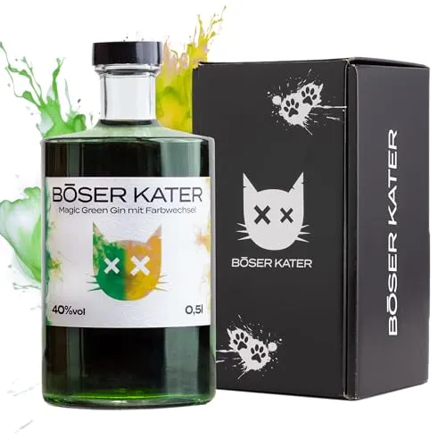 BÖSER KATER Magic Green Gin 40% Vol. 0,5l - Likör & Kräuterschnaps mit faszinierendem Farberlebnis – wechselt von Grün zu Gelb-Orange beim Mischen mit Tonic. Ein Teil des Erlöses geht an den Katzenschutz.