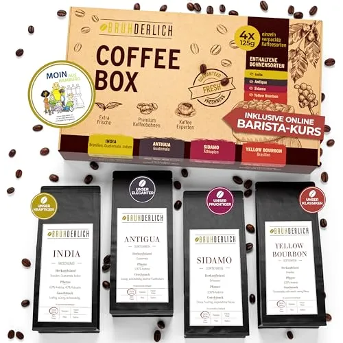 BRÜHDERLICH Kaffee Geschenkset – Kaffeebohnen Probierset 500g (4×125g) ganze Bohnen – Premium Arabica Coffee Beans – Geschenk für Kaffeeliebhaber & Barista