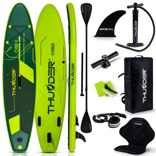 THUNDER® Stand Up Paddle Board CYBER | Komplettset 320x75cm | Aufblasbar und Belastbar bis 150kg - Stand Up Paddle Board mit exklusivem Design, ideal für Anfänger und Profis. Schnelles Aufpumpen, rutschfeste Oberfläche und Kajaksitz im Set für ultimativen Komfort auf dem Wasser.