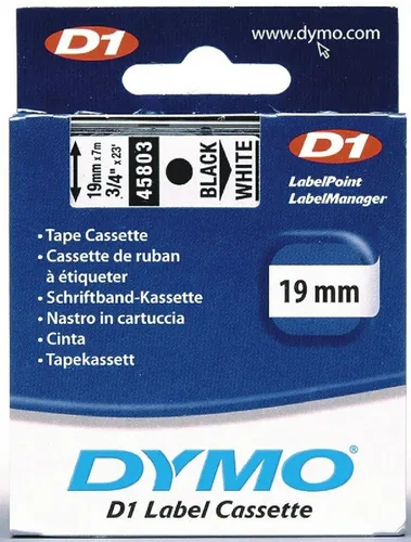 Dymo D1 Etikettenband 19mm schwarz/weiß (Packung mit 5 Stück) - Zubehör für Bürotechnik - Wieder ablösbare, UV-beständige und wasserabweisende Kassetten für präzise Beschriftungen.