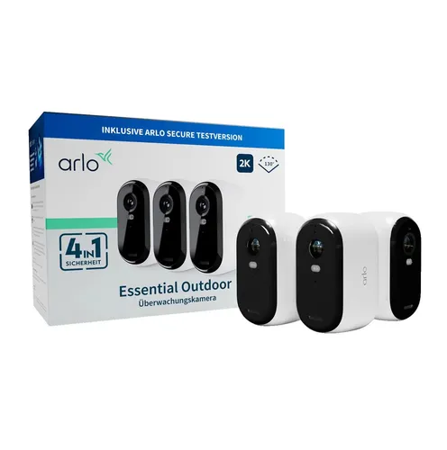 Arlo Essential 2K Outdoor Überwachungskamera 3er-Pack - kabellose Sicherheit für dein Zuhause, 130° Sichtfeld und integrierte Lautsprecher
