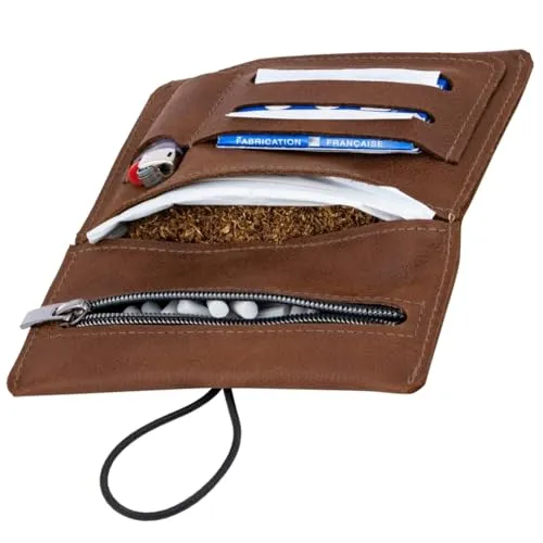SIMARU Leder Tabaktasche für 30g Tabakbeutel, Dreher-Tasche aus Echtleder mit Filterfach & Blättchen-Halter (Braun)