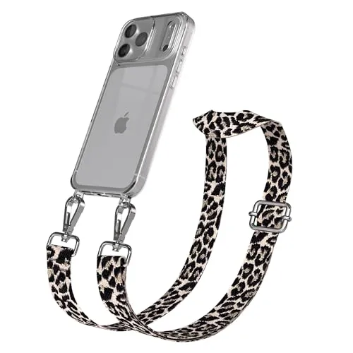 EAZY CASE Handykette - Verstellbares Taschenband kompatibel mit iPhone 17 Pro Max, Schulterriemen, Handykordel mit Silikon Hülle, Umhängetasche, Leo - Schwarz Beige Silber
