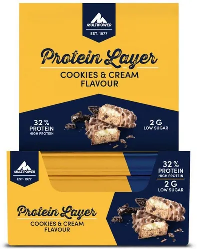 Multipower Protein Layer Bar Cookies & Cream, 18 x 50 g - Proteinriegel für Muskelaufbau, köstlicher Cookies & Cream Geschmack, ideal für Fitnessliebhaber und als Snack für unterwegs.