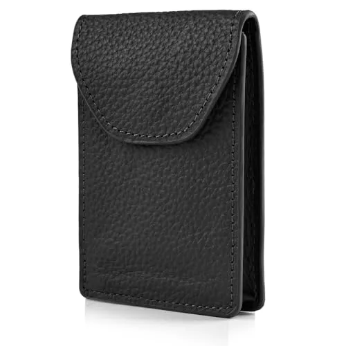 Kartenetui Herren Leder für Geldscheine, Kreditkarten und Visitenkarten - Platz für 15 Karten - Magnetverschluss - Inklusive Metall Geschenkbox - Hochwertiges schwarzes Echt-Leder 1965