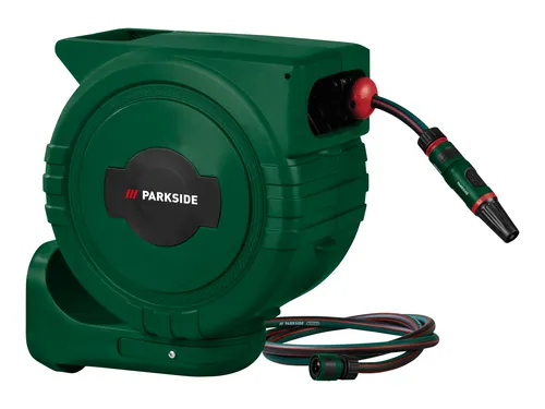 PARKSIDE® Wand-Schlauchaufroller 25 m - Gartenschlauchaufroller mit 25 m Schlauch, witterungs- und UV-beständig. Ideal für die Wandmontage, bietet eine komfortable Aufrollautomatik und eine stufenlos verstellbare Sprühdüse.