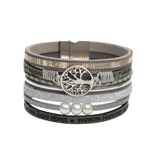 Karma NH10595353 Wickelarmband Lebensbaum vers. Farben PU Leder Armband Damenarmband Lederarmband modern (Grau)