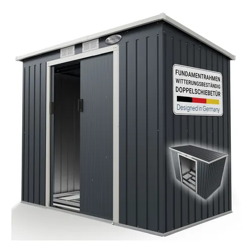 Juskys Metall Gerätehaus M - Modernes Pultdach mit Schiebetür, ideal für Ordnung im Außenbereich und Schutz vor Witterungseinflüssen