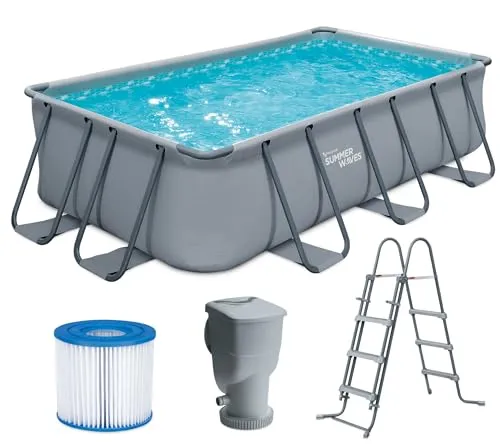 Summer Waves Frame Pool Komplettset 400x200x100 cm - Rechteckiger Gartenpool für bis zu 5 Personen, inkl. Filterpumpe und Einstiegsleiter – ideal für unvergessliche Sommertage im eigenen Garten!