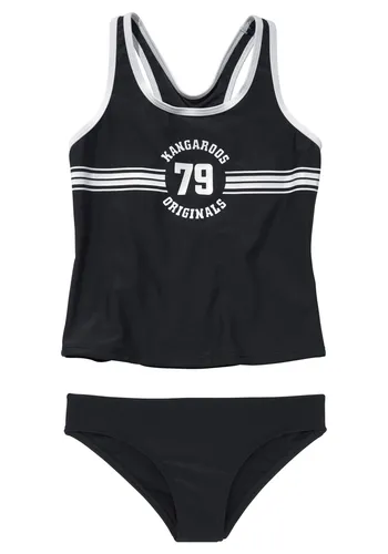 KangaROOS Tankini Sporty mit sportlichem Frontdruck - Sport-Tankinis in schwarz, Größe 122/128, mit Ringerrücken und kontrastfarbigen Details. Hergestellt aus LYCRA® XTRA LIFE™ für langanhaltende Formbeständigkeit und perfekten Sitz.