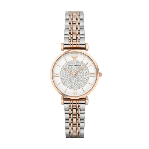 EMPORIO ARMANI Mod. GIANNI T-BAR AR1926 - Elegante Damenarmbanduhr, Edelstahlgehäuse in Rosé und Silber, Wasserdicht bis 3 ATM