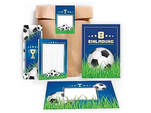 Einladungskarten zum 8. Kindergeburtstag Fußball Einladung Geburtstag Mädchen Kinder Jungs Jungen Boys Fussball Turnier incl. 12 Umschläge, 12 Tüten, 12 Aufkleber, 12 Lesezeichen, 12 Blöcke 12