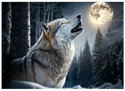 Fototapete Wolf Wald Natur Mond Nacht Tiere 350x250 cm - inkl. Kleister - für Wohnzimmer Schlafzimmer Flur Modern Vlies Tapete Vliestapete Wandtapete Motivtapeten