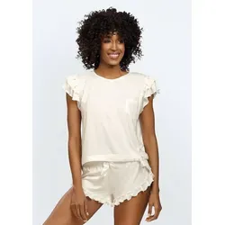 DKaren Damen Schlafanzug Set Lulu XXL - Zweiteiler Damen Pyjama - Loungewear mit Kurzen Ärmeln und Shorts - Nachtwäsche Damen mit Tasche und Rüschen - Pjama Set Kurz Ecru