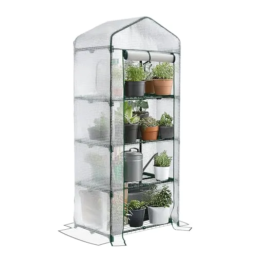 VOUNOT® Gewächshaus Foliengewächshaus, 4 Etagen Treibhaus Gartenhäuschen für Balkon mit 4 Regalebenen, Tomatenhaus Tomatengewächshaus, Weiß 69x49x160cm