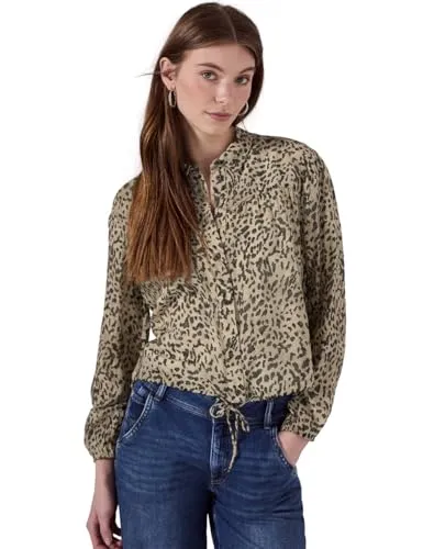 STREET ONE STUDIO Damen F345567 Bluse mit Leo-Muster - Damenbluse in Creamy Brown mit Hemdkragen und elastischen Bündchen, ideal für lässige Looks und bequemes Tragen dank weichem Viskosemix.