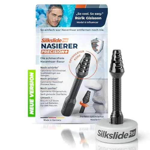 Silkslide Pro Nasenhaarschere: Effizienter Nasenhaar-Rasierer mit Keramikständer - Elektrische Rasierer, präzise Schneidetechnologie für schmerzfreies Trimmen, inklusive stylischem Keramikständer in elegantem Schwarz.