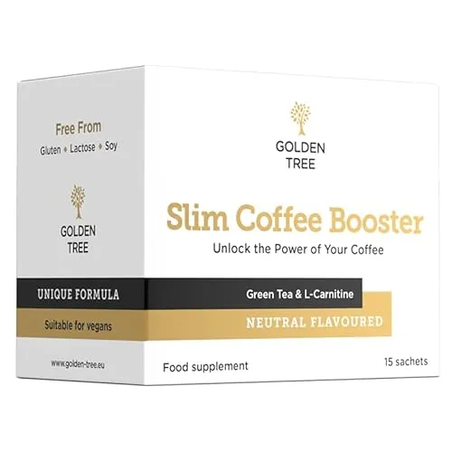 Golden Tree Slim Coffee Booster – Kaffee-Zusatz mit Grüntee-Extrakt - Instantkaffee mit 15 praktischen Sachets für unterwegs. Enthält leistungsstarke Inhaltsstoffe wie L-Carnitin und Chrompicolinat zur Unterstützung eines aktiven Lebensstils.