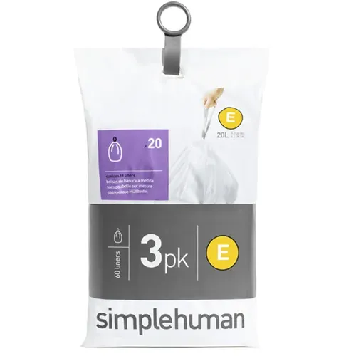 Müllbeutel Simplehuman Code E, 3 x 20 Stück, 60 Beutel - Optimal für Simplehuman Behälter! Diese robusten Müllbeutel bieten perfekten Sitz und eine fast unsichtbare Optik. Mit dicken Doppelnähten für hohe Widerstandsfähigkeit und praktischen Tragegriffen für einfachen Transport.