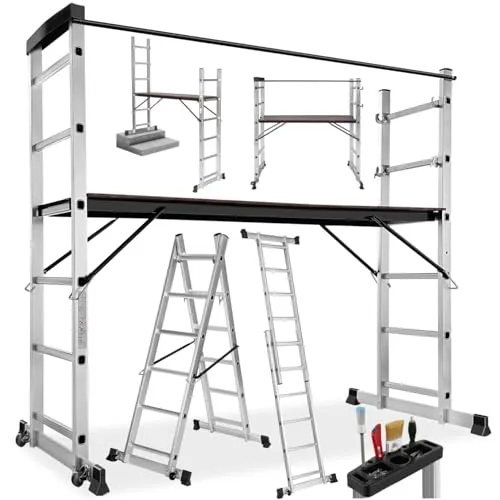 tectake Teleskopleiter Multigerüst 4 in 1 - Leiter, Gerüst und Plattform in einem – vielseitig einsetzbar und aus leichtem Aluminium für maximale Flexibilität bei Arbeiten in Haus und Garten.