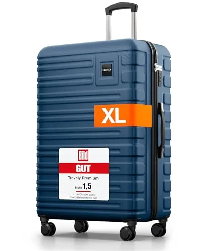 Travely Handgepäck-Trolley - XL Polycarbonat Koffer mit TSA-Schloss - Koffer, Hartschalenkoffer mit 4x 360° Leichtlaufrollen für müheloses Reisen und einem TSA-Zahlenschloss für zusätzliche Sicherheit. Maße: 77x52x29 cm, Gewicht: 4,6 kg.