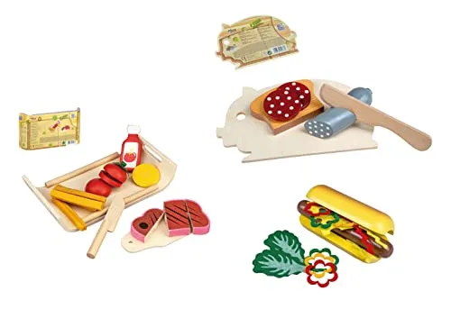 Lebensmittel Set aus Holz für Spielküche schneidbar Wurst Hot Dog Pommes UVM