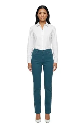 ESRA High Waist Damen Hose - Elegante Business Stretch Jeans in Petrol - Elegante High Waist Hose aus Baumwolle für Business und Alltag. Figurbetont mit Stretch für optimalen Tragekomfort und Bewegungsfreiheit. Ideal kombinierbar für einen modernen, zeitlosen Look.