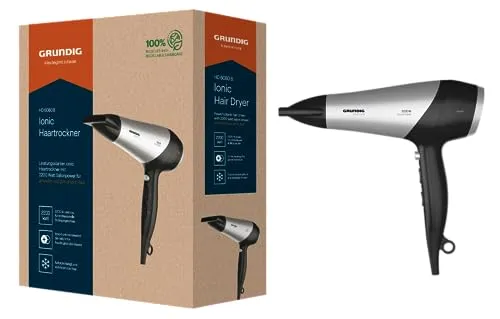 Grundig Haartrockner HD 6080 B mit Ionic-Funktion - Haartrockner mit 2200 W Leistung, 3 Temperatur- und 2 Luftstromstufen sowie Kaltstufe für optimales Styling. Ideal für glänzendes, frizzfreies Haar.